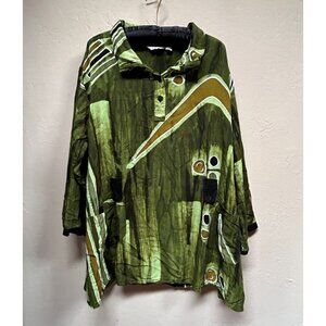 Lynz Women's Popover Geo Print Tunic Top Large Green Long Sleeve Lightweight